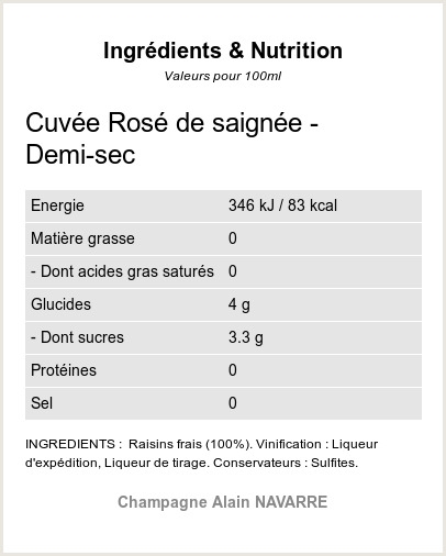 La Cuvée Rosé de Saignée Demi-Sec - Ingrédients et Nutrition  La Cuvée Rosé de Saignée Demi-Sec - Ingrédients et Nutrition